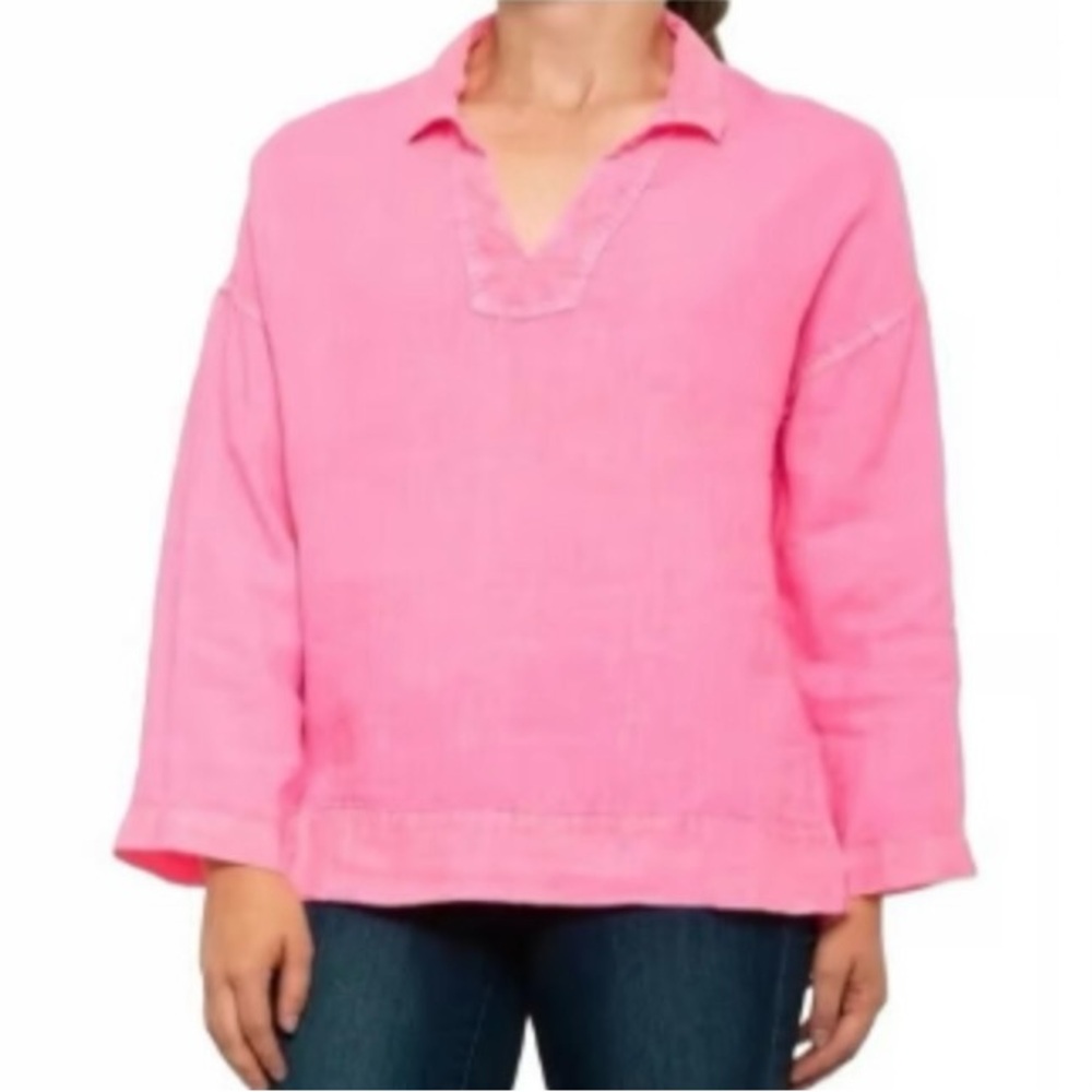 C&C California 100% Linen Popover Top Pink Women's Small